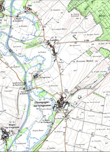 Carte de localisation. Carte topographique au 1:25000, I.G.N., Mirebeau, 3122 E. SCAN 25 © IGN - 2008, Licence n°2008CISE29-68. © Région Bourgogne-Franche-Comté, Inventaire du patrimoine