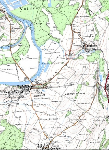 Carte de localisation. Carte topographique au 1:25000, I.G.N., Gray, 3222 O. SCAN 25 © IGN - 2008, Licence n°2008CISE29-68. © Région Bourgogne-Franche-Comté, Inventaire du patrimoine