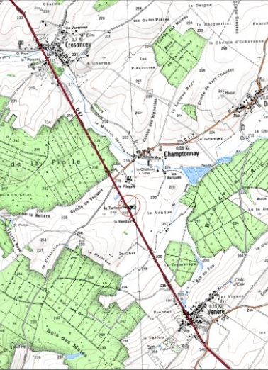 Carte de localisation. Carte topographique au 1:25000, I.G.N., Gray, 3222 E. SCAN 25 © IGN - 2008, Licence n°2008CISE29-68. © Région Bourgogne-Franche-Comté, Inventaire du patrimoine