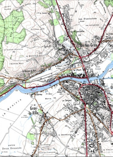 Carte de localisation. Carte topographique au 1:25000, I.G.N., Gray, 3222 O. SCAN 25 © IGN - 2008, Licence n°2008CISE29-68. © Région Bourgogne-Franche-Comté, Inventaire du patrimoine