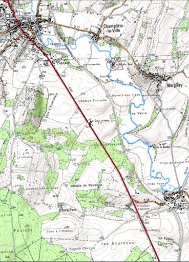 Carte de localisation. Carte topographique au 1:25000, I.G.N., Champlitte, 3221 O. SCAN 25 © IGN - 2008, Licence n°2008CISE29-68. © Région Bourgogne-Franche-Comté, Inventaire du patrimoine