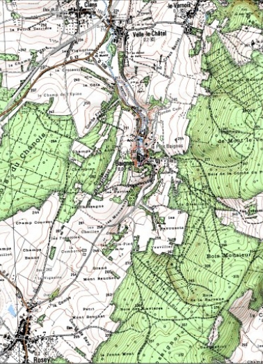 Carte de localisation. Carte topographique au 1:25000, I.G.N., Scey-sur-Saône, 3321 O. SCAN 25 © IGN - 2008, Licence n°2008CISE29-68. © Région Bourgogne-Franche-Comté, Inventaire du patrimoine