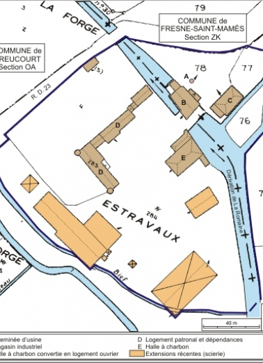 Plan-masse et de situation. Montage d'extraits de plans cadastraux numérisés, Greucourt, 2008, section A, 1:1250 et Fresne-Saint-Mamès, 2008, section ZK, 1:2000, le tout agrandi à 1:1250. Source : Direction générale des Finances Publiques - Cadastre… © Région Bourgogne-Franche-Comté, Inventaire du patrimoine