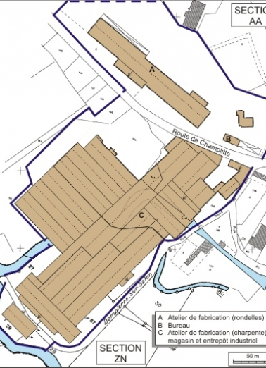 Plan-masse et de situation. Montage d'extraits de plans cadastraux numérisés, 2008, sections AA et ZN, 1:1000 et 1:2000, le tout réduit à 1:2500. Source : Direction générale des Finances Publiques - Cadastre ; mise à jour : 2008. © Région Bourgogne-Franche-Comté, Inventaire du patrimoine