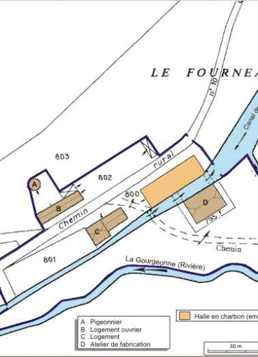 Plan-masse et de situation. Extrait du plan cadastral numérisé, 2008, section C, 1:1250 agrandi à 1:1000. Source : Direction générale des Finances Publiques - Cadastre ; mise à jour : 2008. © Région Bourgogne-Franche-Comté, Inventaire du patrimoine