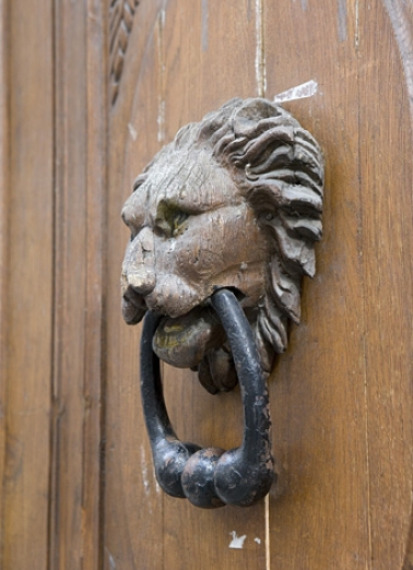 Vantail droit du portail d'entrée : détail du mufle de lion situé sur le panneau central, de trois quarts. © Région Bourgogne-Franche-Comté, Inventaire du Patrimoine