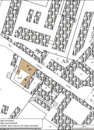 Plan masse et de situation. Extrait du plan cadastral, 1974, section AS2. © Région Bourgogne-Franche-Comté, Inventaire du patrimoine