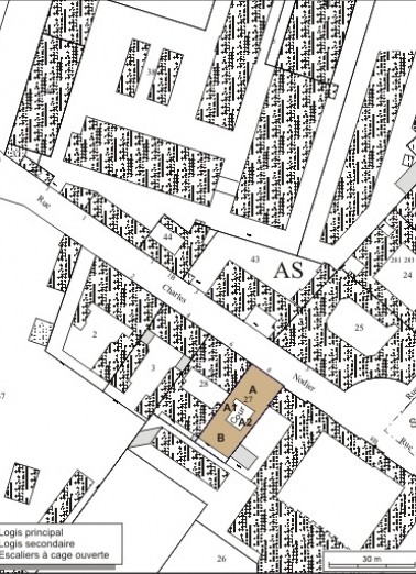 Plan masse et de situation. Extrait du plan cadastral, 1974, section AS2. © Région Bourgogne-Franche-Comté, Inventaire du patrimoine