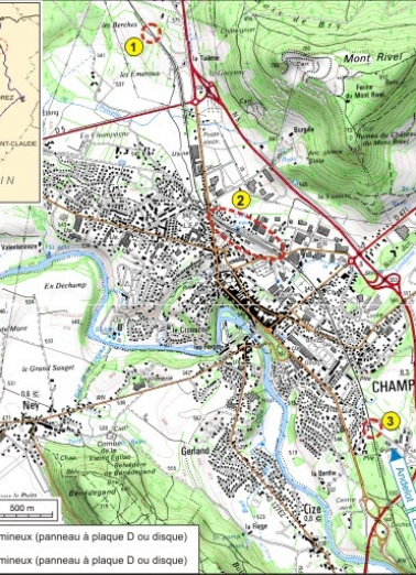 Carte et schéma de localisation. Carte topographique, IGN, 3326 Ouest Champagnole, 2001, échelle 1:25 000. Scan 25, licence n° 2008/CISE/2968. © Région Bourgogne-Franche-Comté, Inventaire du patrimoine