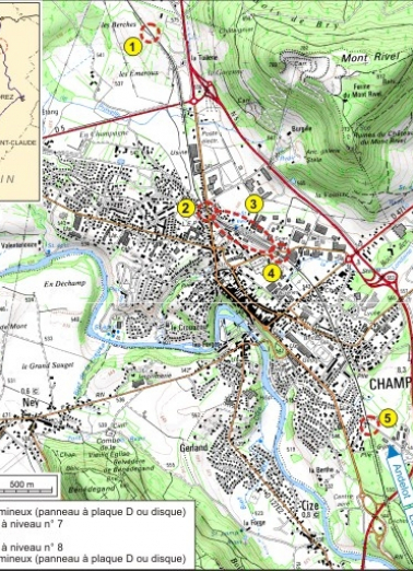 Carte et schéma de localisation. Carte topographique, IGN, 3326 Ouest Champagnole, 2001, échelle 1:25 000. Scan 25, licence n° 2008/CISE/2968. © Région Bourgogne-Franche-Comté, Inventaire du patrimoine
