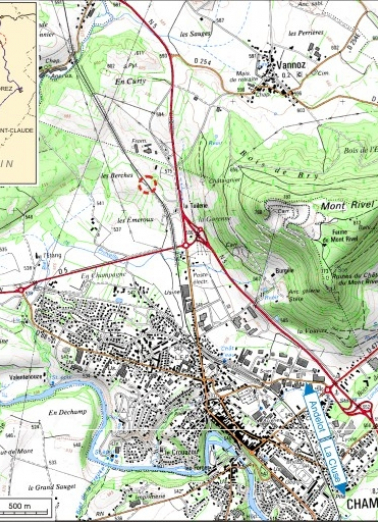 Carte et schéma de localisation. Carte topographique, IGN, 3326 Ouest Champagnole, 2001, échelle 1:25 000. Scan 25, licence n° 2008/CISE/2968. © Région Bourgogne-Franche-Comté, Inventaire du patrimoine