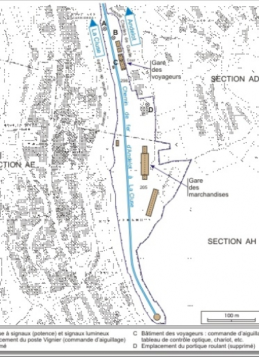 Plan de situation. Montage d'extraits du plan cadastral, 1980, sections AD et AE, échelle 1:1000 réduite à 1:3800, complété d'après un plan numérique de la SNCF (1999) et le terrain. © Région Bourgogne-Franche-Comté, Inventaire du patrimoine Plan de situation. Montage d'extraits du plan cadastral, 1980, sections AD et AE, échelle 1:1000 réduite à 1:3800, complété d'après un plan numérique de la SNCF (1999) et le terrain. © Région Bourgogne-Franche-Comté, Inventaire du patrimoine