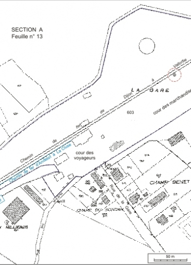 Plan de situation. Extrait du plan cadastral, 1995, section A, 12e feuille, échelle 1:1250 réduite à 1:2000, complété d'après un plan numérique de la SNCF (1999). © Région Bourgogne-Franche-Comté, Inventaire du patrimoine