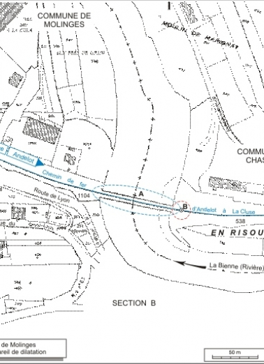 Plan de situation. Montage d'extraits du plan cadastral informatisé, 2006, Chassal, section D, et Molinges, section A (2e feuille), échelle 1:1250 réduite à 1:2000. © Région Bourgogne-Franche-Comté, Inventaire du patrimoine