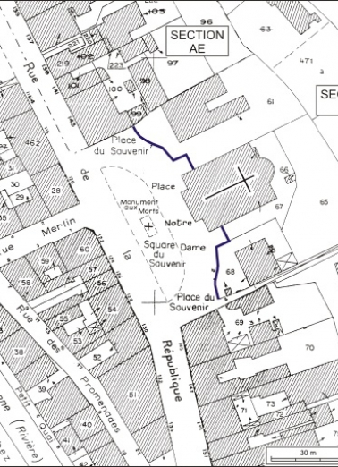 Plan de situation. Extrait du plan cadastral, 1980, sections AI et AE, échelle 1:1000. © Région Bourgogne-Franche-Comté, Inventaire du patrimoine