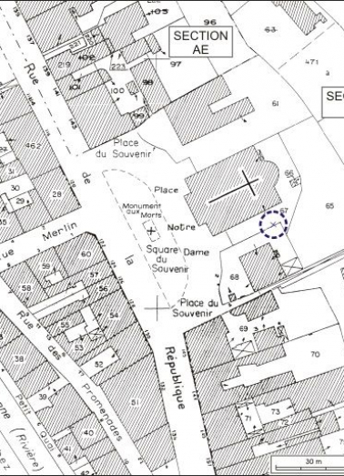 Plan-masse et de situation. Extrait du plan cadastral, 1980, sections AI et AE, échelle 1:1000. © Région Bourgogne-Franche-Comté, Inventaire du patrimoine