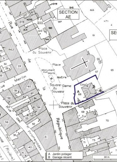 Plan-masse et de situation. Extrait du plan cadastral, 1980, sections AI et AE, échelle 1:1000. © Région Bourgogne-Franche-Comté, Inventaire du patrimoine