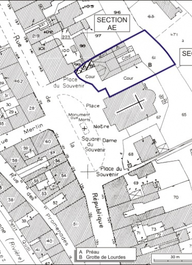 Plan-masse et de situation. Extrait du plan cadastral, 1980, sections AI et AE, échelle 1:1000. © Région Bourgogne-Franche-Comté, Inventaire du patrimoine