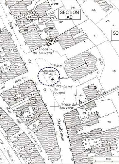 Plan-masse et de situation. Extrait du plan cadastral, 1980, sections AI et AE, échelle 1:1000. © Région Bourgogne-Franche-Comté, Inventaire du patrimoine