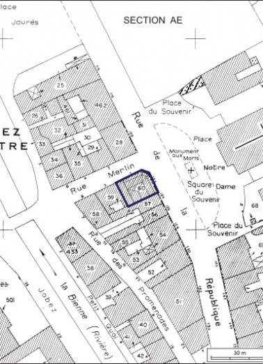 Plan-masse et de situation. Extrait du plan cadastral, 1980, section AI, échelle 1:1000. © Région Bourgogne-Franche-Comté, Inventaire du patrimoine Plan-masse et de situation. Extrait du plan cadastral, 1980, section AI, échelle 1:1000. © Région Bourgogne-Franche-Comté, Inventaire du patrimoine
