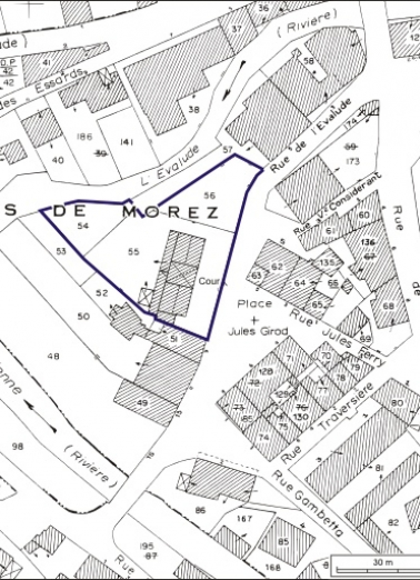 Plan-masse et de situation. Extrait du plan cadastral, 1980, section AB, échelle 1:1000. © Région Bourgogne-Franche-Comté, Inventaire du patrimoine