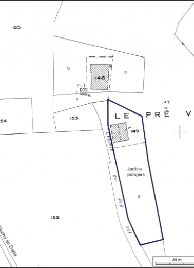 Plan-masse et de situation. Extrait du plan cadastral, 1980, section AE, échelle 1:1000. © Région Bourgogne-Franche-Comté, Inventaire du patrimoine Plan-masse et de situation. Extrait du plan cadastral, 1980, section AE, échelle 1:1000. © Région Bourgogne-Franche-Comté, Inventaire du patrimoine