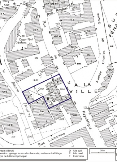 Plan-masse et de situation. Extrait du plan cadastral, 1980, section AE, échelle 1:1000. © Région Bourgogne-Franche-Comté, Inventaire du patrimoine