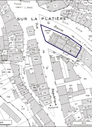 Plan-masse et de situation. Extrait du plan cadastral, 1980, section AI, échelle 1:1000. © Région Bourgogne-Franche-Comté, Inventaire du patrimoine