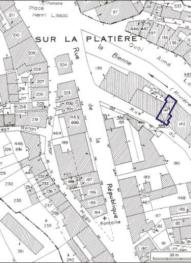 Plan-masse et de situation. Extrait du plan cadastral, 1980, section AI, échelle 1:1000. © Région Bourgogne-Franche-Comté, Inventaire du patrimoine