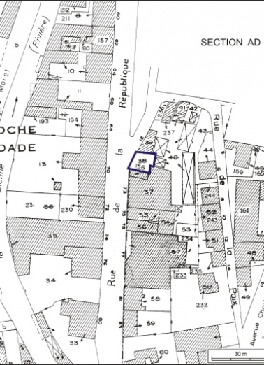 Plan de situation. Extrait du plan cadastral, 1980, section AE, échelle 1:1000. © Région Bourgogne-Franche-Comté, Inventaire du patrimoine