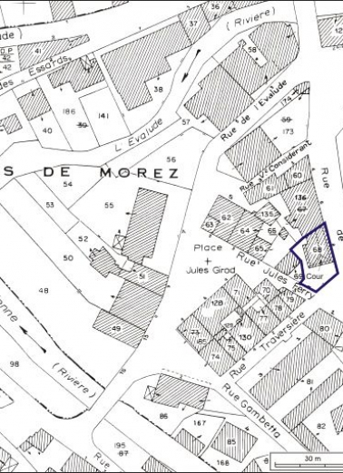 Plan-masse et de situation. Extrait du plan cadastral, 1980, section AB, échelle 1:1000. © Région Bourgogne-Franche-Comté, Inventaire du patrimoine