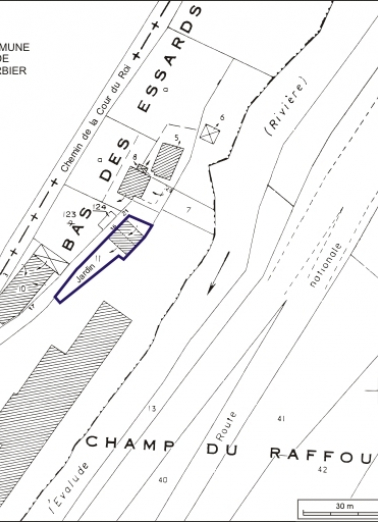 Plan-masse et de situation. Extrait du plan cadastral, 1980, section AC, échelle 1:1000. © Région Bourgogne-Franche-Comté, Inventaire du patrimoine Plan-masse et de situation. Extrait du plan cadastral, 1980, section AC, échelle 1:1000. © Région Bourgogne-Franche-Comté, Inventaire du patrimoine