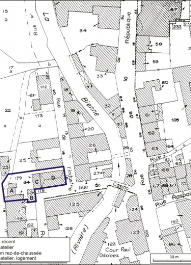 Plan-masse et de situation. Extrait du plan cadastral, 1980, section AE, échelle 1:1000. © Région Bourgogne-Franche-Comté, Inventaire du patrimoine Plan-masse et de situation. Extrait du plan cadastral, 1980, section AE, échelle 1:1000. © Région Bourgogne-Franche-Comté, Inventaire du patrimoine