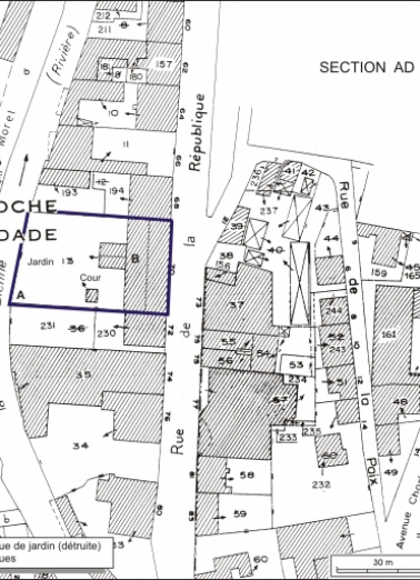 Plan-masse et de situation. Extrait du plan cadastral, 1980, section AE, échelle 1:1000. © Région Bourgogne-Franche-Comté, Inventaire du patrimoine