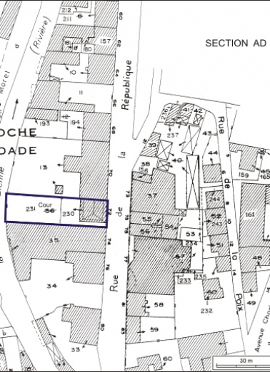 Plan-masse et de situation. Extrait du plan cadastral, 1980, section AE, échelle 1:1000. © Région Bourgogne-Franche-Comté, Inventaire du patrimoine