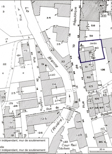 Plan-masse et de situation. Extrait du plan cadastral, 1980, section AE, échelle 1:1000. © Région Bourgogne-Franche-Comté, Inventaire du patrimoine