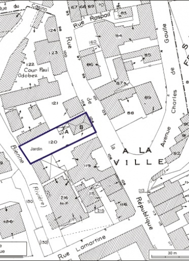 Plan-masse et de situation. Extrait du plan cadastral, 1980, section AE, échelle 1:1000. © Région Bourgogne-Franche-Comté, Inventaire du patrimoine