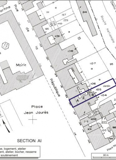 Plan-masse et de situation. Extrait du plan cadastral, 1980, section AE, échelle 1:1000. © Région Bourgogne-Franche-Comté, Inventaire du patrimoine Plan-masse et de situation. Extrait du plan cadastral, 1980, section AE, échelle 1:1000. © Région Bourgogne-Franche-Comté, Inventaire du patrimoine