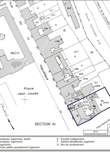 Plan-masse et de situation. Extrait du plan cadastral, 1980, section AE, échelle 1:1000. © Région Bourgogne-Franche-Comté, Inventaire du patrimoine Plan-masse et de situation. Extrait du plan cadastral, 1980, section AE, échelle 1:1000. © Région Bourgogne-Franche-Comté, Inventaire du patrimoine