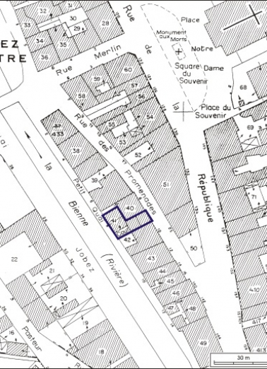 Plan-masse et de situation. Extrait du plan cadastral, 1980, section AI, échelle 1:1000. © Région Bourgogne-Franche-Comté, Inventaire du patrimoine