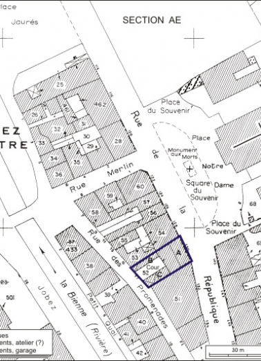 Plan-masse et de situation. Extrait du plan cadastral, 1980, section AI, échelle 1:1000. © Région Bourgogne-Franche-Comté, Inventaire du patrimoine