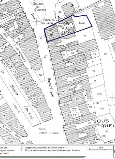 Plan-masse et de situation. Extrait du plan cadastral, 1980, section AI, échelle 1:1000. © Région Bourgogne-Franche-Comté, Inventaire du patrimoine