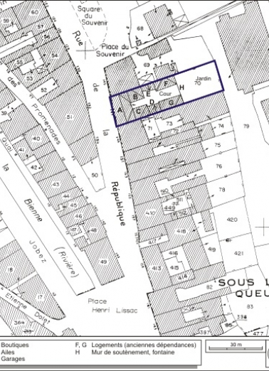 Plan-masse et de situation. Extrait du plan cadastral, 1980, section AI, échelle 1:1000. © Région Bourgogne-Franche-Comté, Inventaire du patrimoine