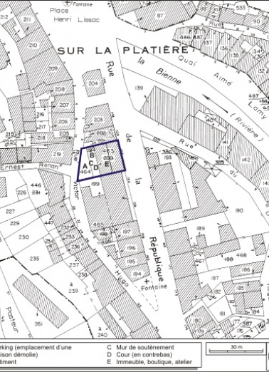 Plan-masse et de situation. Extrait du plan cadastral, 1980, section AI, échelle 1:1000. © Région Bourgogne-Franche-Comté, Inventaire du patrimoine