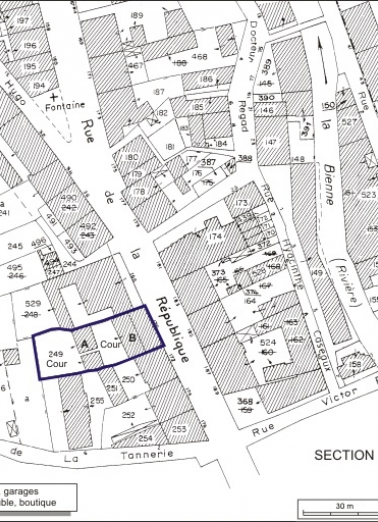 Plan-masse et de situation. Extrait du plan cadastral, 1980, section AI, échelle 1:1000. © Région Bourgogne-Franche-Comté, Inventaire du patrimoine
