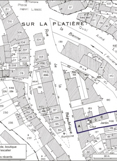Plan-masse et de situation. Extrait du plan cadastral, 1980, section AI, échelle 1:1000. © Région Bourgogne-Franche-Comté, Inventaire du patrimoine
