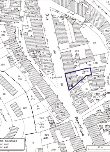 Plan-masse et de situation. Extrait du plan cadastral, 1980, section AI, échelle 1:1000. © Région Bourgogne-Franche-Comté, Inventaire du patrimoine