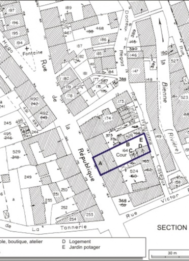 Plan-masse et de situation. Extrait du plan cadastral, 1980, section AI, échelle 1:1000. © Région Bourgogne-Franche-Comté, Inventaire du patrimoine