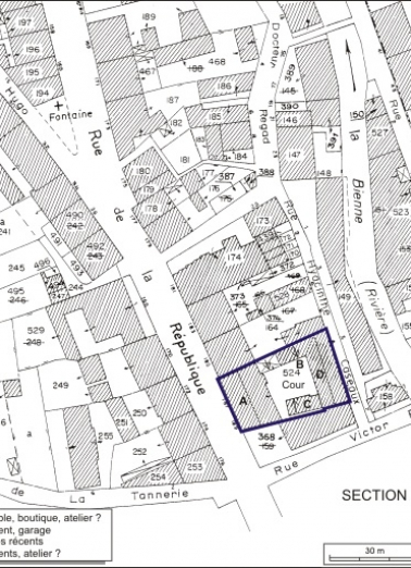 Plan-masse et de situation. Extrait du plan cadastral, 1980, section AI, échelle 1:1000. © Région Bourgogne-Franche-Comté, Inventaire du patrimoine