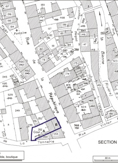 Plan-masse et de situation. Extrait du plan cadastral, 1980, section AI, échelle 1:1000. © Région Bourgogne-Franche-Comté, Inventaire du patrimoine
